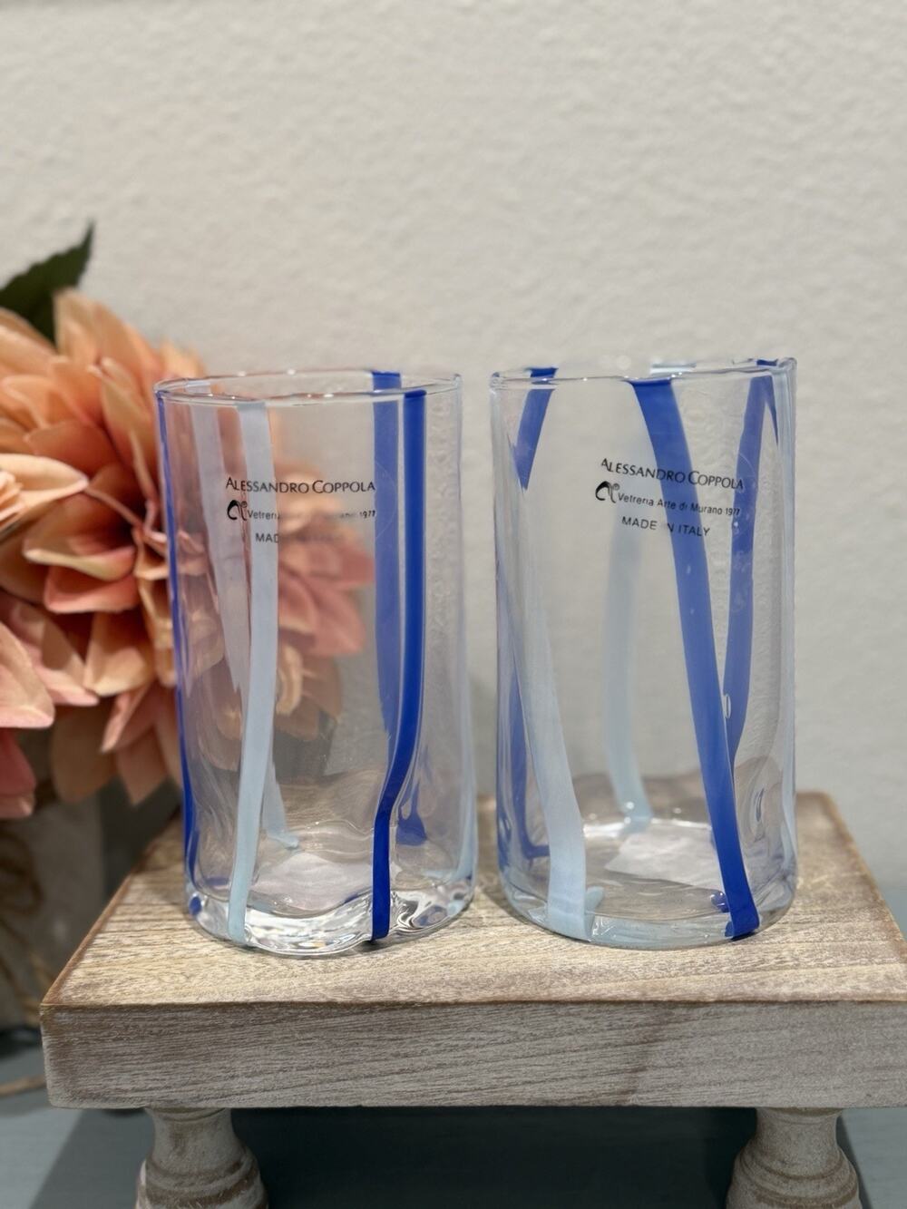 Set/2 Murano Alessandro Coppola Navy Sky Blue Striped 5.75” Indented Glasses